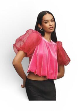 Anthropologie Maeve Pink Puff Sleeve Velvet Blouse - Size S